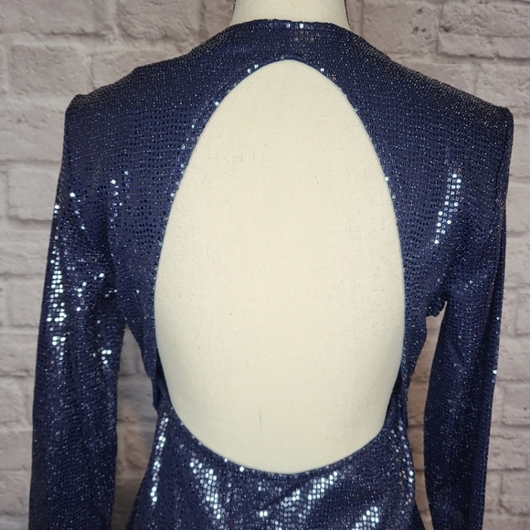 H&M Divided blue silver shimmer bodycon open back long sleeve mini dress sz L - Picture 9 of 12
